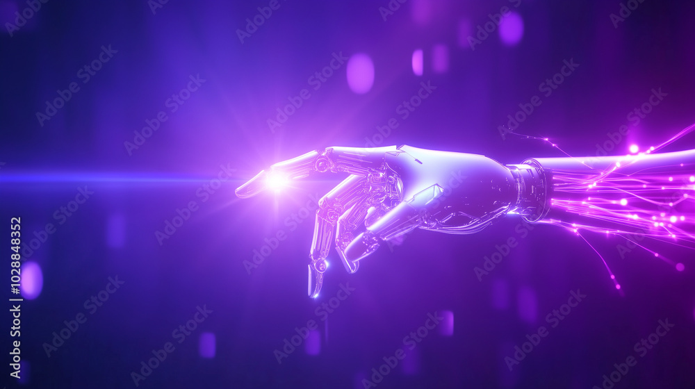 Futuristic Robot Hand Connecting with Digital Energy A sleek, advanced robotic hand gently touches streams of purple digital energy, symbolizing the interaction between artificial Futuristic Robot Hand Connecting with Digital Energy A sleek, advanced robotic hand gently touches streams of purple digital energy, symbolizing the interaction between artificial