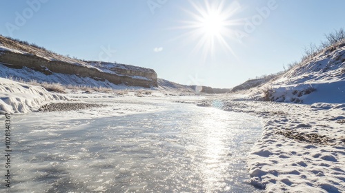 Winter Wonderland: Tranquil Snowscape with Frozen River and Cinematic Light