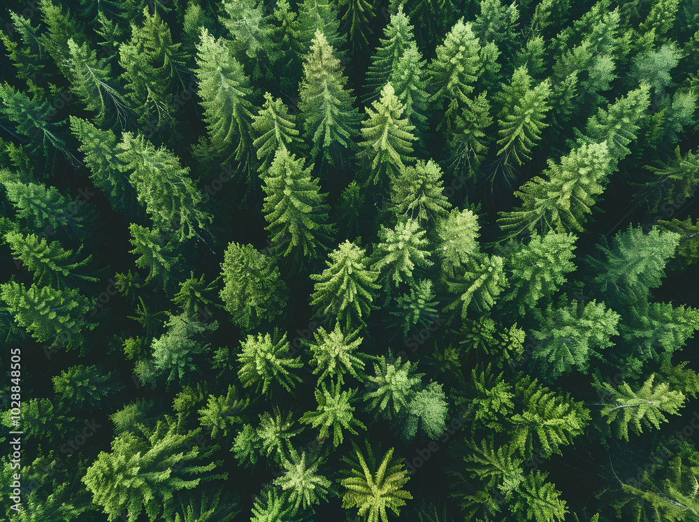 Aerial view of a dense forest with tall green trees seen from above. A bird's eye perspective of the beautiful coniferous tree tops in summer. A landscape captured from a drone.