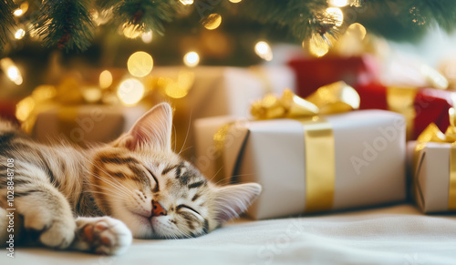 Peaceful Christmas Cat Under a Tree A soft, striped kitten peacefully sleeping beneath a beautifully decorated Christmas tree, surrounded by festive presents wrapped in golden ribb photo