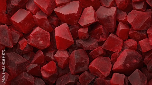 Collection of vibrant red translucent stones with irregular shapes and textures, resembling raw crystals or minerals, creating a visually striking pattern.