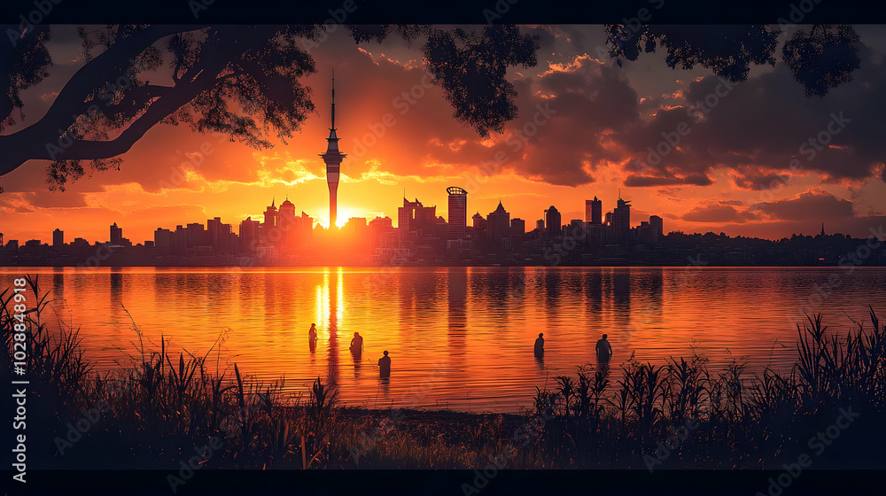 Fototapeta premium Sunset over a city skyline reflecting in calm waters.