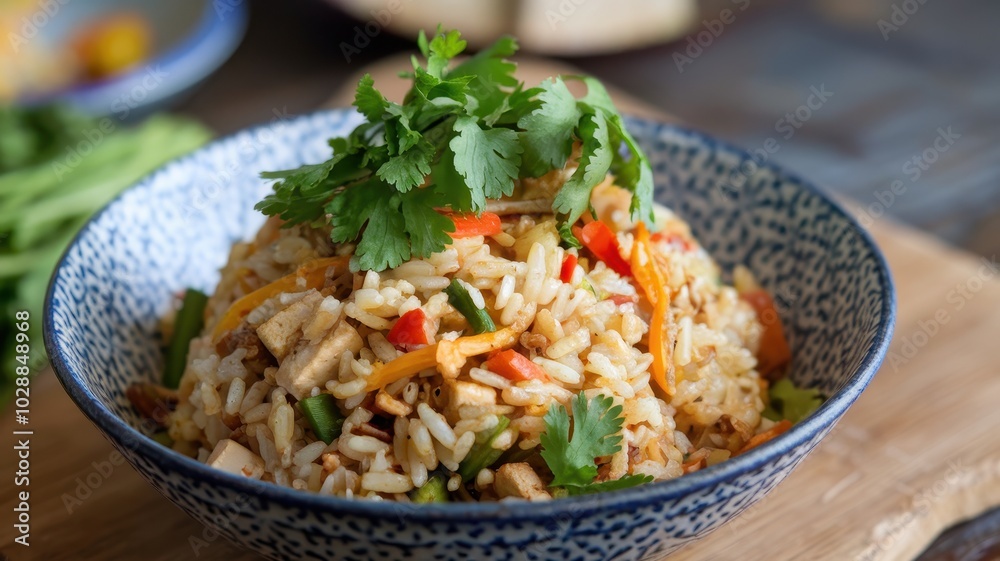 A bowl of rice with vegetables and meat A bowl of rice with vegetables and meat
