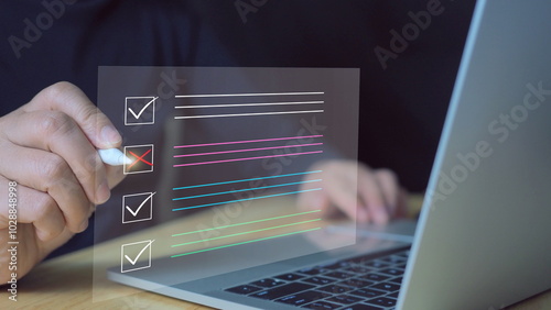 Business performance evaluate checklist review, businessman using pen computer online checklist survey, fill check digital report form checklist, assessment, questionnaire, evaluation, online survey