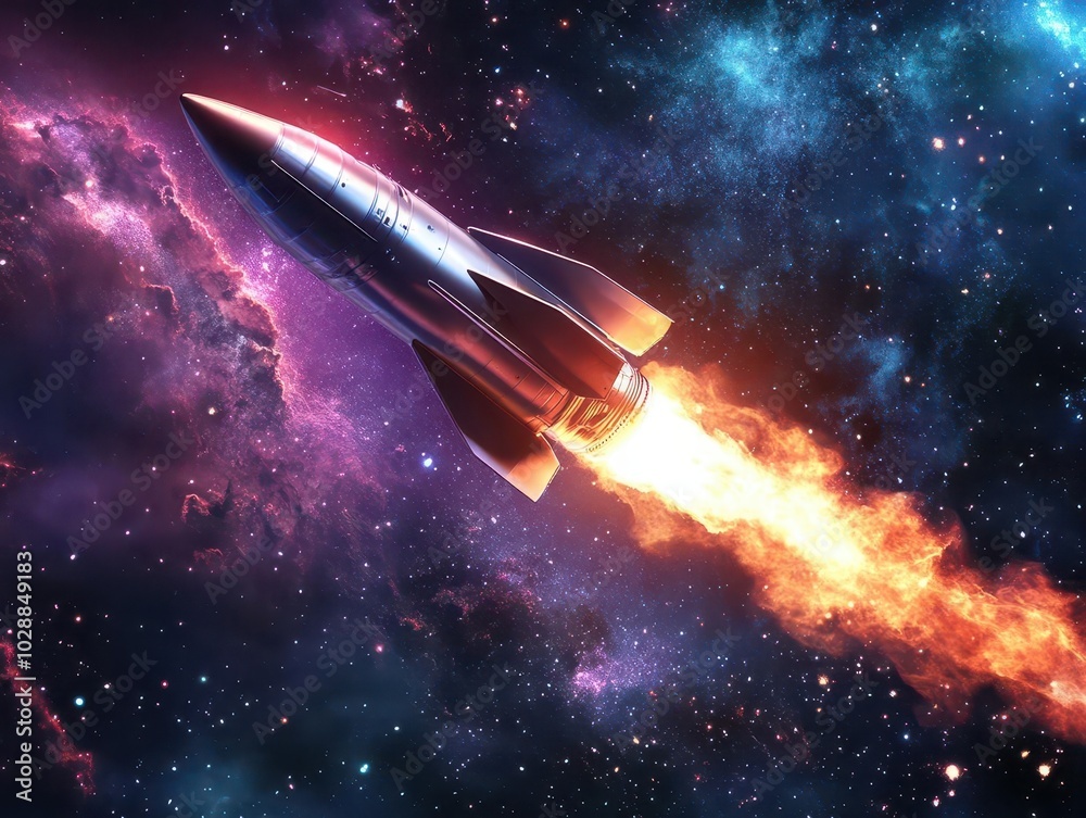 sleek 3d rocket soaring through a starry space, symbolizing innovative business growth and aspirations, with a deep cosmic background sleek 3d rocket soaring through a starry space, symbolizing innovative business growth and aspirations, with a deep cosmic background