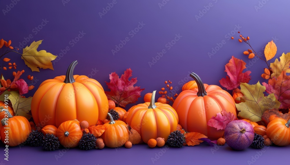 Colorful 3D pumpkins and autumn fruits arranged on a vibrant purple backdrop