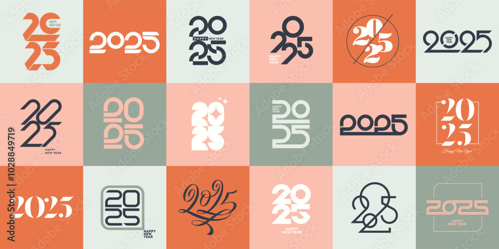 Naklejka premium Big set of 2025 new year logo. Number of year design. Design elements for invitation, calendar, greeting card, etc. Vector illustration.