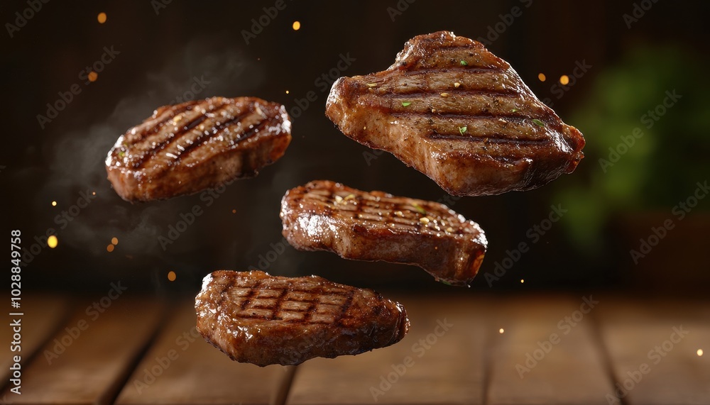 Obraz premium Realistic grilled pork chops flying mid-air in a detailed food display