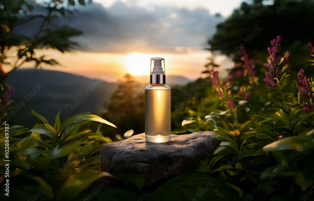 A glass bottle of liquid sits on a rock surrounded by green foliage and blurred background of a vibrant sunset. A glass bottle of liquid sits on a rock surrounded by green foliage and blurred background of a vibrant sunset.