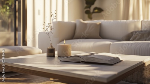 Modern coffee table with only a candle and a book, surrounded by soft textiles and sunlight in a bright living space