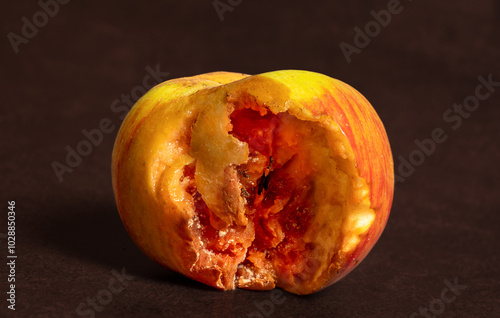 A ripe rotten apple, decomposed, eaten by insects and squirrel. Damaged fruit on dark background. photo