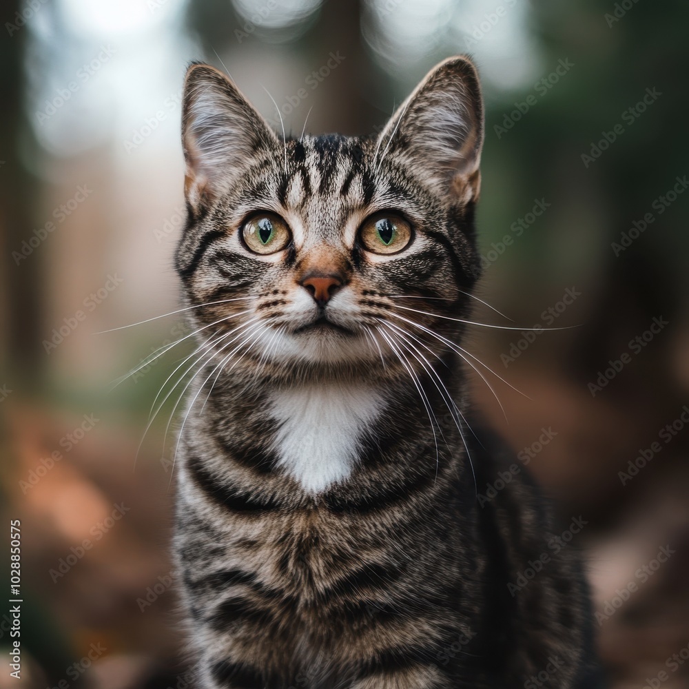 A curious tabby cat exploring a serene forest in the afternoon light A curious tabby cat exploring a serene forest in the afternoon light