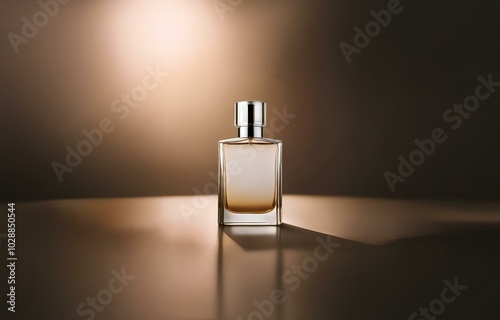 A glass perfume bottle with a silver cap stands on a wooden table, bathed in warm light.