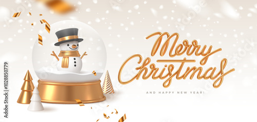 Christmas greeting card with snowglobe and christmas tree. Realistic 3d render lettering and christmas decorations. Vector illustration.