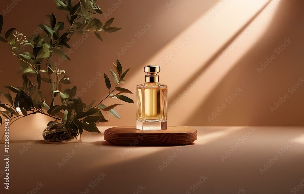 A glass bottle of perfume with a gold lid sits on a wooden platform in front of a leafy green branch. A glass bottle of perfume with a gold lid sits on a wooden platform in front of a leafy green branch.