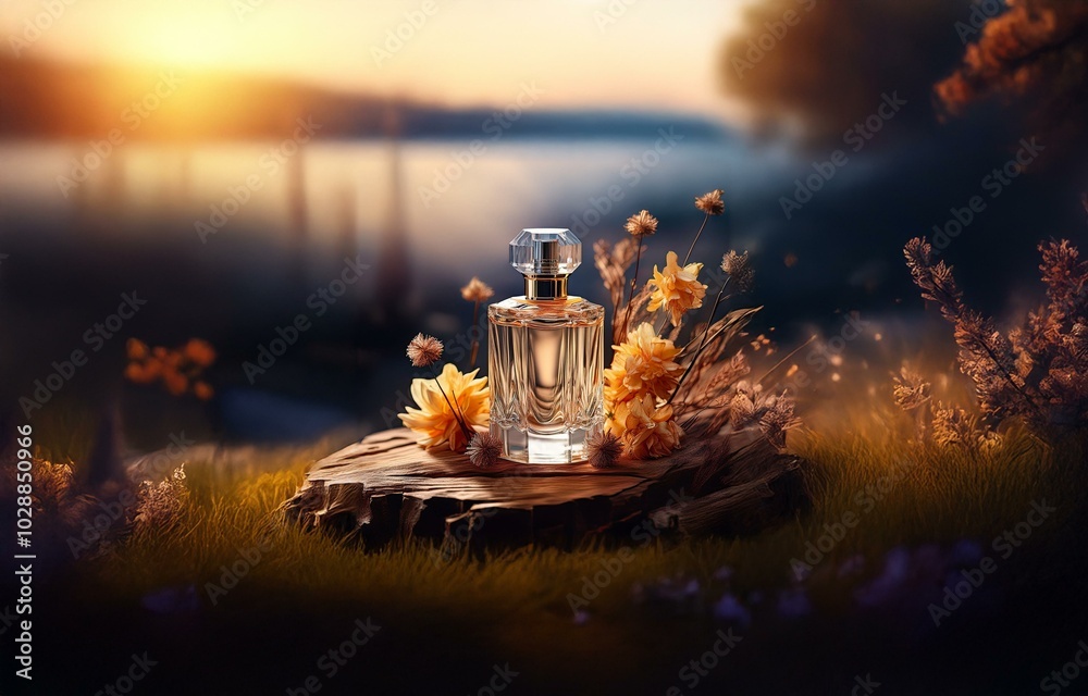 A perfume bottle sits on a tree stump surrounded by flowers and grass with a lake and sunset in the background.