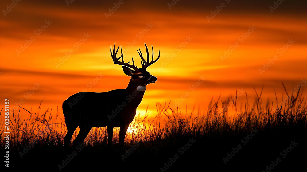 A silhouette of a deer against a vibrant sunset backdrop. A silhouette of a deer against a vibrant sunset backdrop.