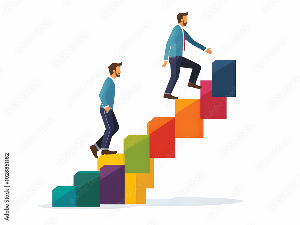 Flat Vector Illustration of a Businessman Climbing a Stairs of Bar Graphs, Representing Business Growth and Progress in a Clean, Minimalistic Style with Ample Copy Space. Flat Vector Illustration of a Businessman Climbing a Stairs of Bar Graphs, Representing Business Growth and Progress in a Clean, Minimalistic Style with Ample Copy Space.