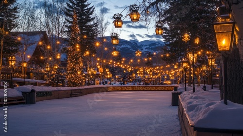 A cozy winter park ice rink illuminated with festive lights and lanterns, creating a warm and inviting holiday atmosphere.