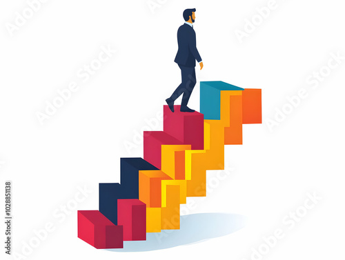 Flat vector illustration of a businessman climbing a staircase made of bar graphs, symbolizing business growth and success, minimalistic design with ample copy space