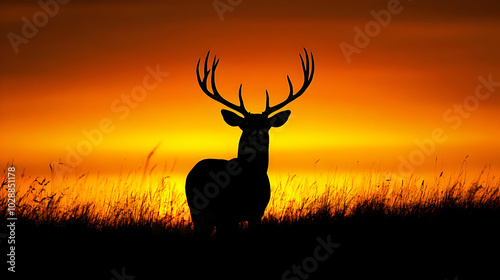 A silhouetted deer stands against a vibrant sunset backdrop.