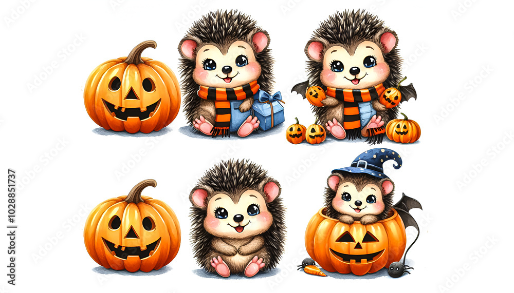 Watercolor cute Clipart set of a funny Halloween baby hedgehog, isolated on a white background Watercolor cute Clipart set of a funny Halloween baby hedgehog, isolated on a white background