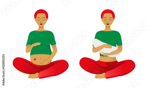 Bright latin woman in lotus pose with pregnancy and newborn baby