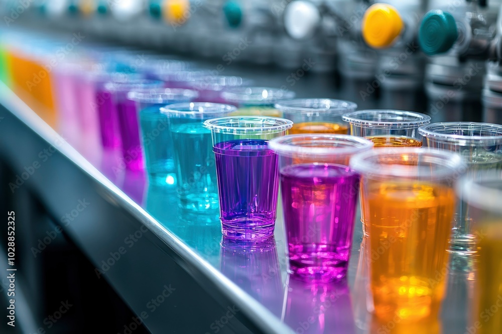 Colorful Liquids in Plastic Cups on a Reflective Surface Colorful Liquids in Plastic Cups on a Reflective Surface
