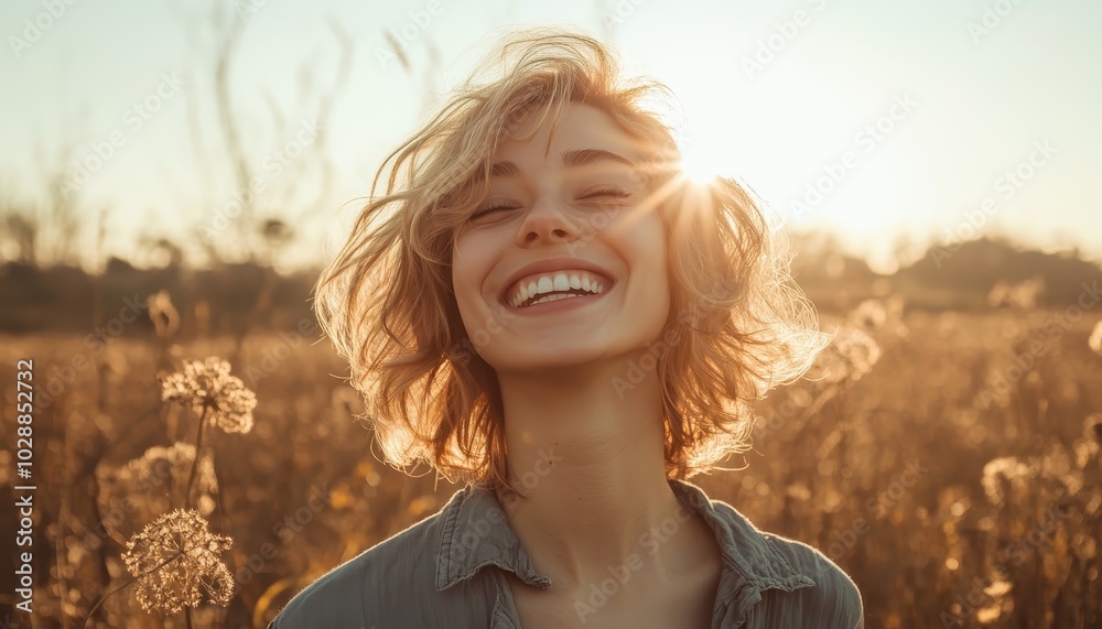 Young woman joyfully smiling in a sunlit field during a warm afternoon Young woman joyfully smiling in a sunlit field during a warm afternoon