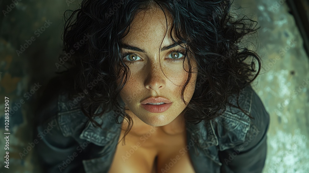 A woman with curly hair looks up with a serious expression, her eyes intense. She is wearing a leather jacket and her chest is slightly exposed. The background is out of focus. A woman with curly hair looks up with a serious expression, her eyes intense. She is wearing a leather jacket and her chest is slightly exposed. The background is out of focus.