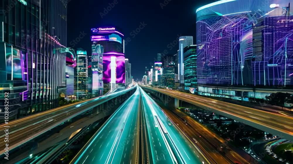 Night cityscape with illuminated skyscrapers and neon lights reflecting in the road, seen from elevated highway. Night cityscape with illuminated skyscrapers and neon lights reflecting in the road, seen from elevated highway.