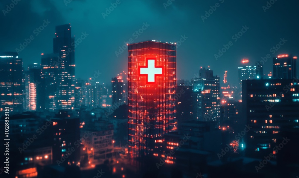 Fototapeta premium A neon cross on a skyscraper in a city at