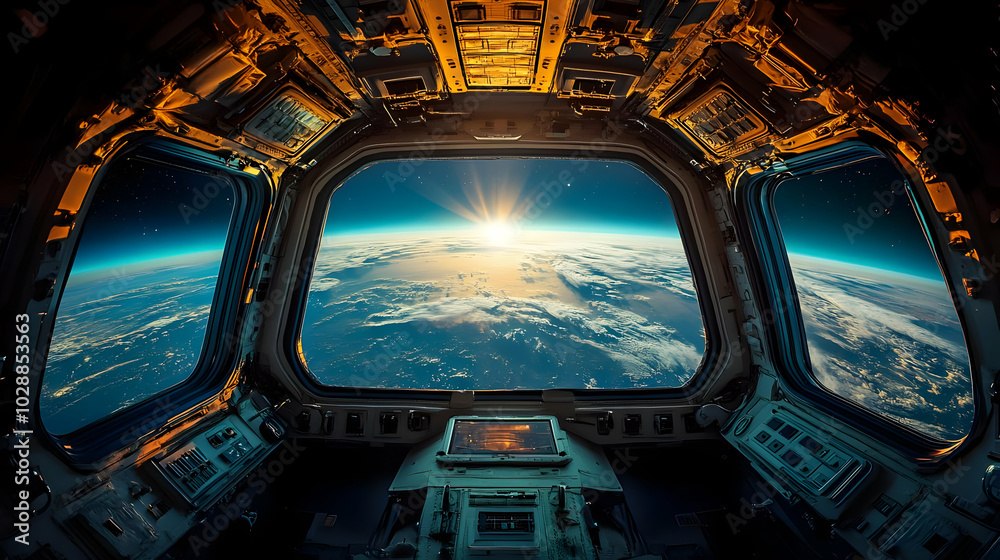 View of Earth from a spacecraft with sunrise over the horizon.