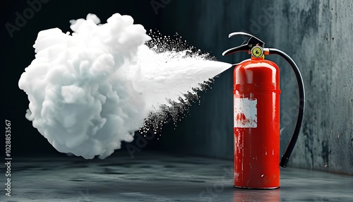 Red fire extinguisher releasing white foam in a dark industrial setting.