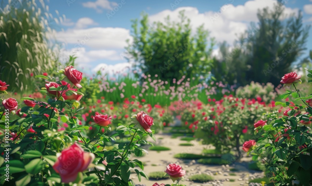 Beautiful rose garden in full bloom, 4K hyperrealistic photo. Beautiful rose garden in full bloom, 4K hyperrealistic photo.