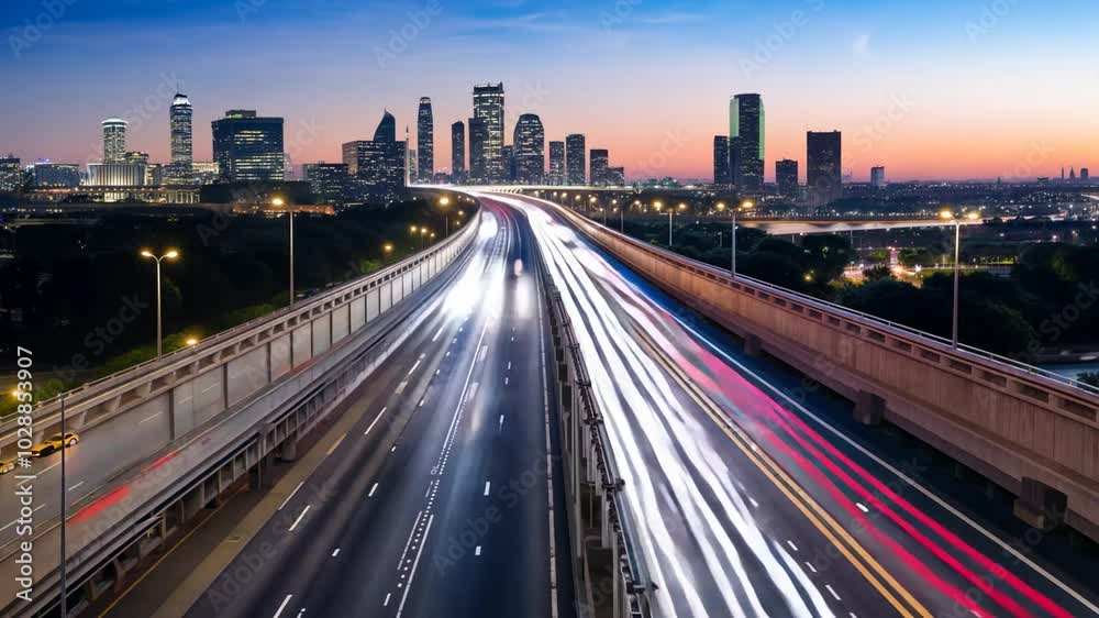 Nighttime traffic on a highway with city skyline in the background. Nighttime traffic on a highway with city skyline in the background.