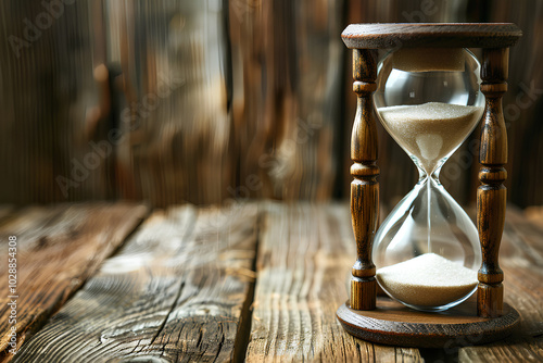 A close-up of an hourglass with sand flowing, symbolizing the passage of time on wooden table, concept photograph suitable for web banner design, with copy space, perfect for themes like family love photo