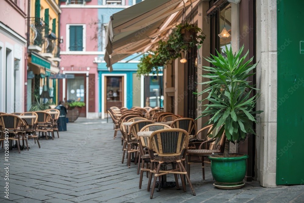 Fototapeta premium A street with a cafe and a potted plant