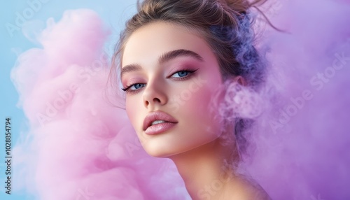 Young woman in close-up surrounded by pink purple smoke on blue background