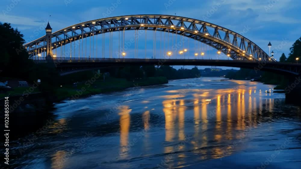Steel arch bridge illuminated by street lights over calm blue water at dusk. Steel arch bridge illuminated by street lights over calm blue water at dusk.