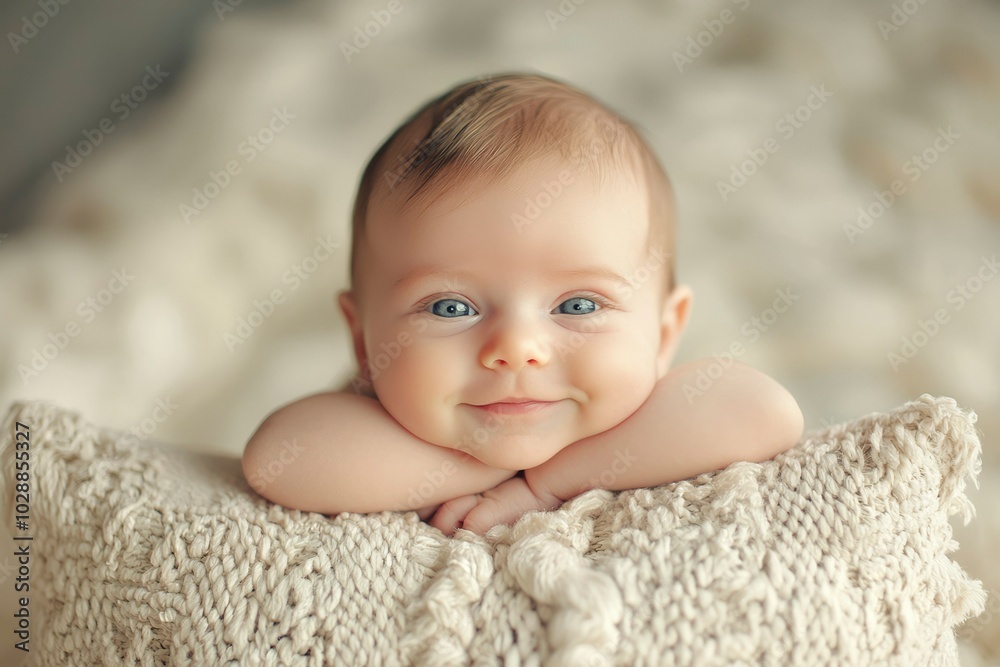 A Smiling Baby Resting on a Soft White Blanket A Smiling Baby Resting on a Soft White Blanket
