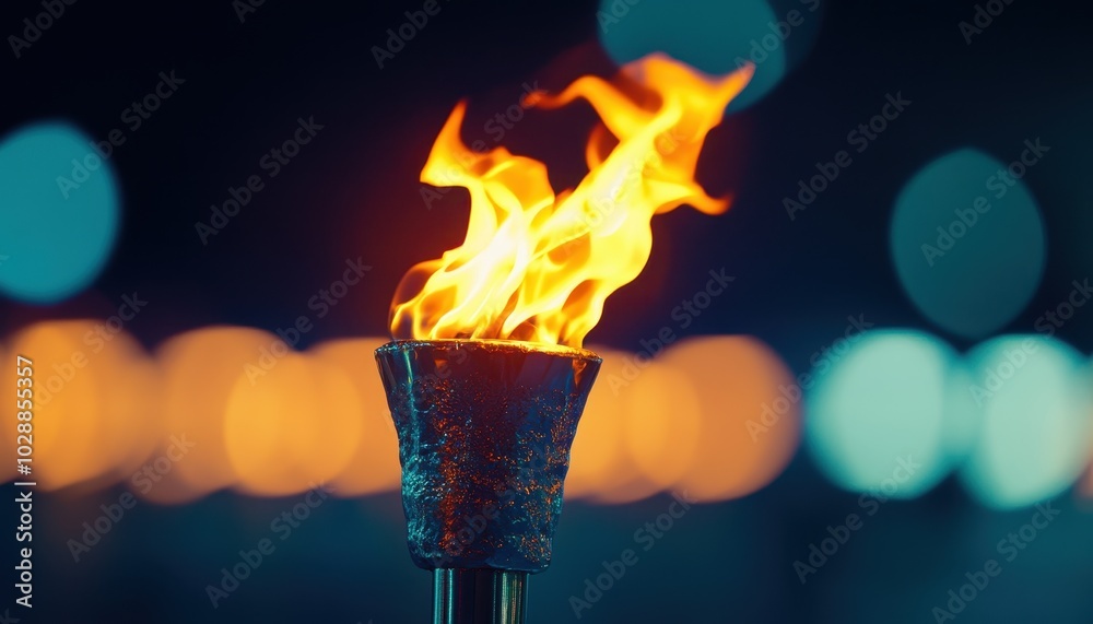Flame ignites in Olympic torch at a sports arena during a festive event Flame ignites in Olympic torch at a sports arena during a festive event
