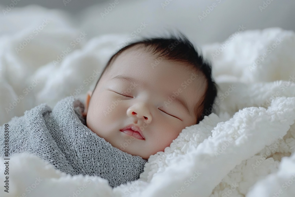 A Sleeping Infant Wrapped in a Gray Blanket on a White Fuzzy Surface A Sleeping Infant Wrapped in a Gray Blanket on a White Fuzzy Surface