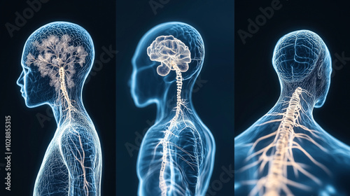 Three digital illustrations showing the human nervous system, including the brain and spinal cord, in side and back views with a glowing effect on a dark background.