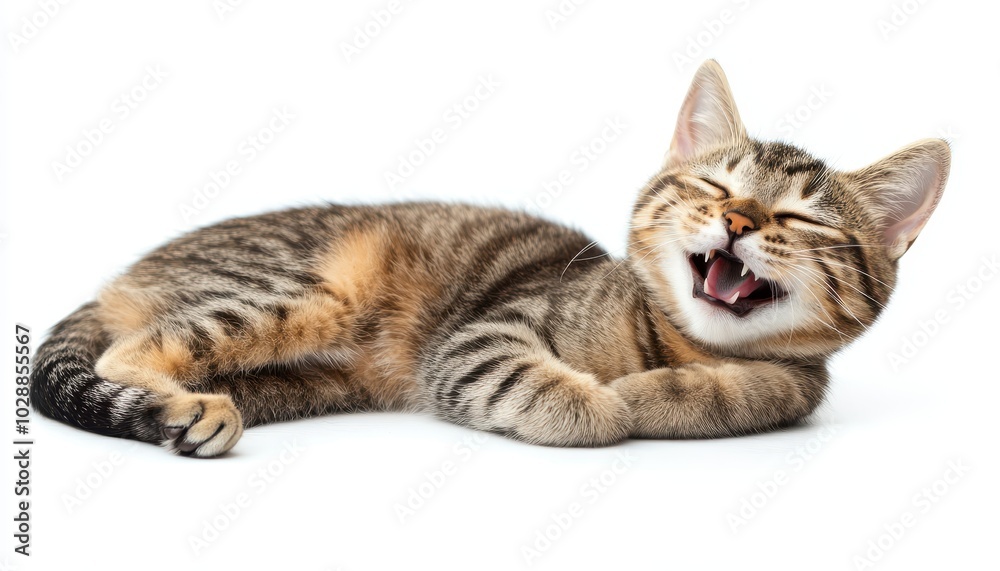 Fototapeta premium Happy and cute cat laughing joyfully while lying on a white background
