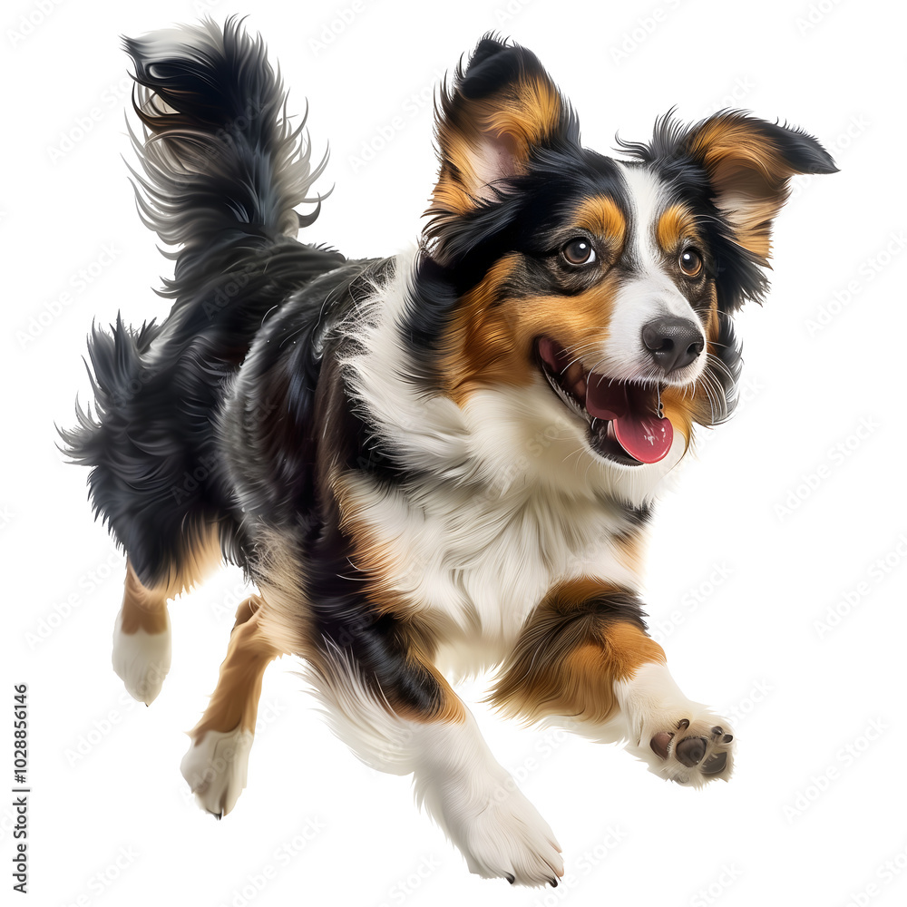 Australian shepherd dog running on white background. Australian shepherd dog running on white background.