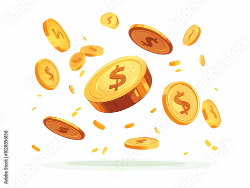 Flat Vector Illustration of a Flying Banknote and Golden Coin Mid-Spin in Air, Isolated on White Background, Symbolizing Currency Exchange and Financial Transactions for Forex and Banking Promotions.