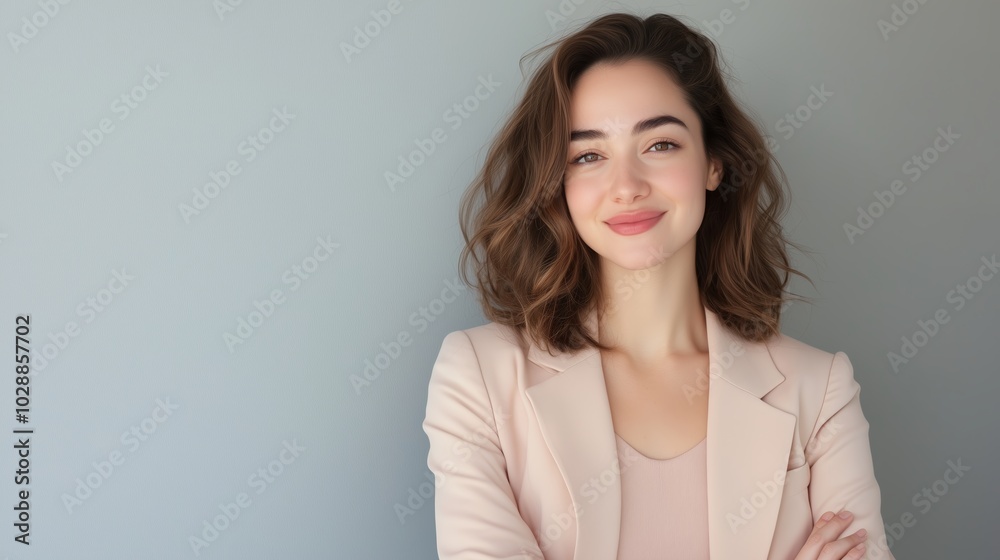 Young woman in a light blazer smiles confidently against a soft gray background in a professional setting Young woman in a light blazer smiles confidently against a soft gray background in a professional setting