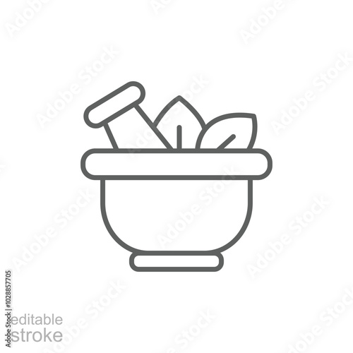Single mortar pestle line icon, simple natural treatment flat design pictogram, infographic elements. Outline style. Editable stroke