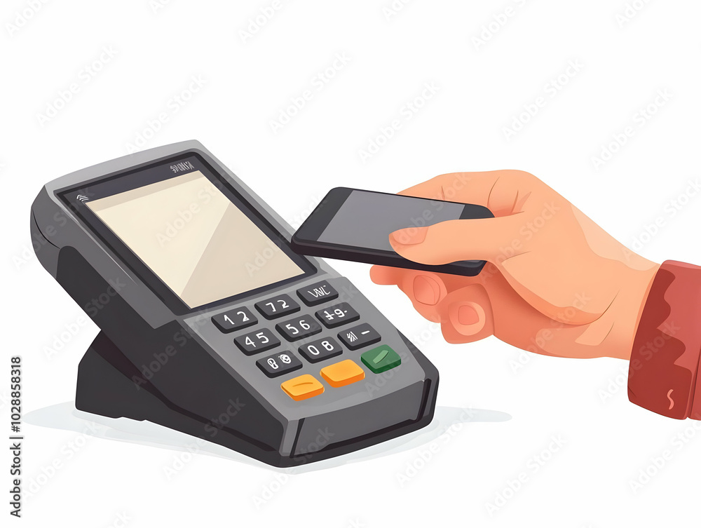 Modern Contactless Payment Terminal: Close-Up of Hand Tapping Smartphone for Easy Transactions - Simple Flat Vector Illustration on Clean White Background Modern Contactless Payment Terminal: Close-Up of Hand Tapping Smartphone for Easy Transactions - Simple Flat Vector Illustration on Clean White Background